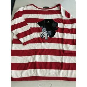 Bua Bua Women's Red White Stripe Nautical Sweater Top Black Lab Dog Face Small
